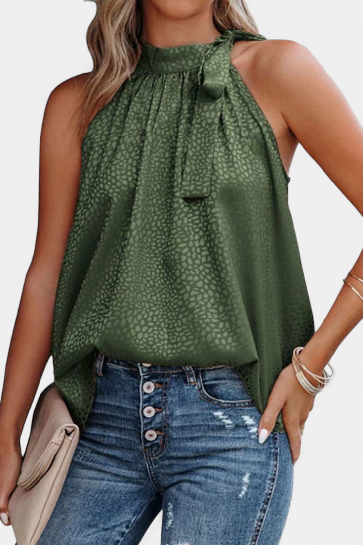 Adela | Top sin Mangas de Leopardo con Cuello Alto y Lazo